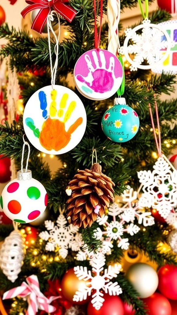 A variety of handmade Christmas ornaments including handprints, pinecones, and snowflakes hanging on a decorated tree.
